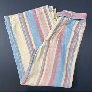 Anthropologie Linen Blend Striped Wide Leg Pants Belted Pastel Coastal Size 2